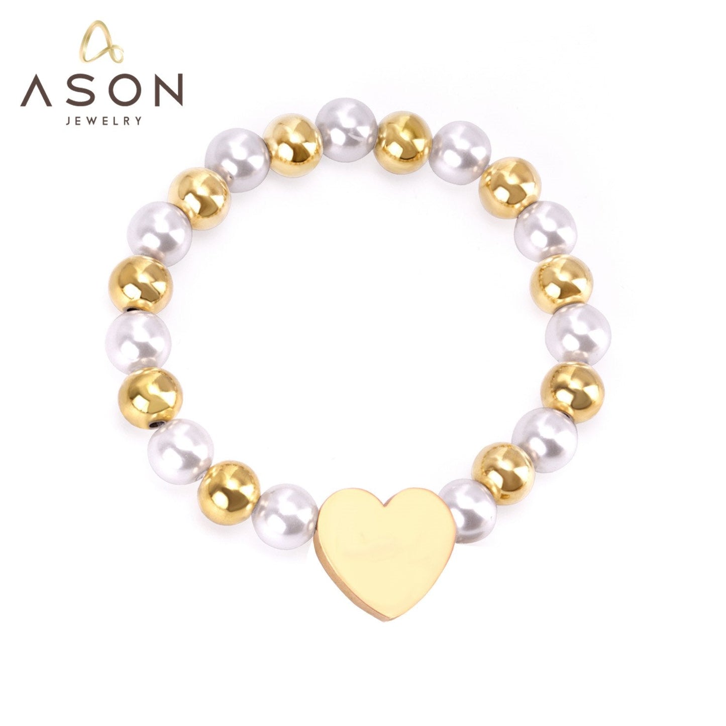 ASON Heart Shape Pendant 8mm Ball Beaded With Imitation Pearl Chain Bracelets Gold Color Stainless Steel For Women Jewelry asonjewelry