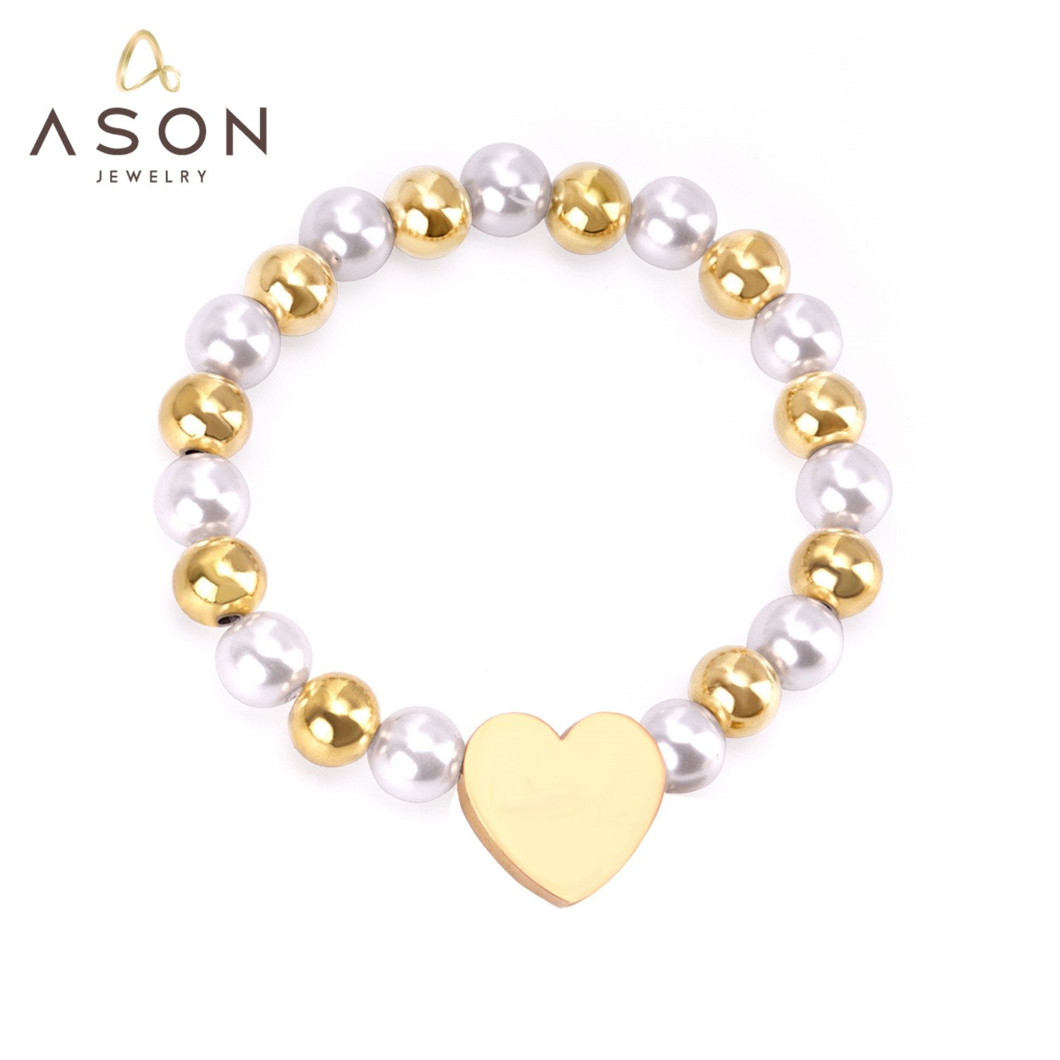 ASON Heart Shape Pendant 8mm Ball Beaded With Imitation Pearl Chain Bracelets Gold Color Stainless Steel For Women Jewelry asonjewelry