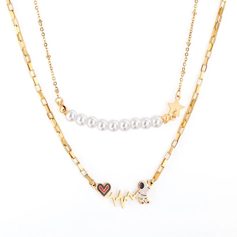 Imitation Pearl Double Layered Necklace With Cute Astronaut Heart Star Charms Box Chian Double Pendant Necklace asonjewelry