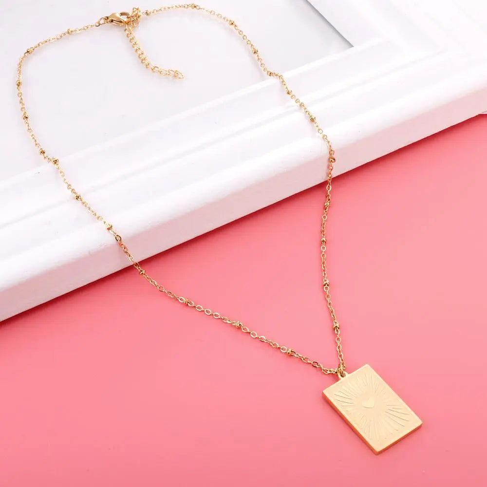 Stainless Steel Heart Shape Pattern Pendant Necklace Gold Color Collar Couple Gifts Accessories asonjewelry