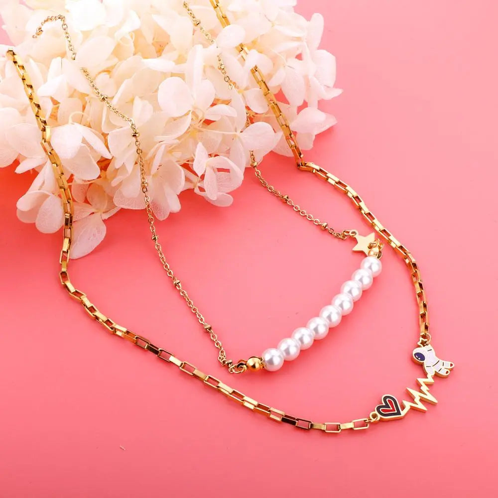 Vintage Necklace Collars Heart Star Astronaut Pendants Layers Jewelry No Fade Box Chains Necklace Female Party asonjewelry