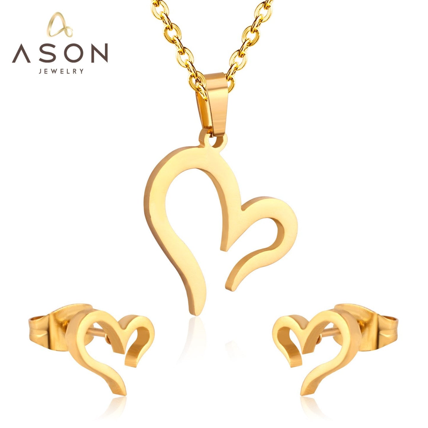 ASON Gold Color Jewelry Sets 316L Stainless Steel For Women Heart Pendant Necklace Small Stud Earrings For Femme Daily Wear asonjewelry