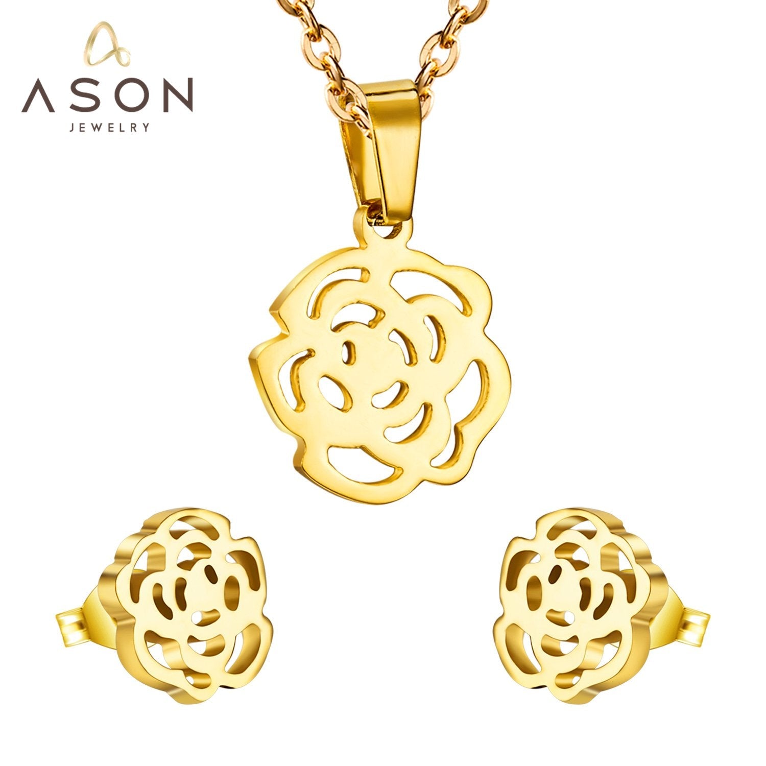 ASON Gold Color Accessories Classic Jewelry Flower Pendants Link Chains Necklace Earrings Jewelry Set For Women Wedding asonjewelry