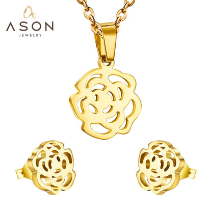 ASON Gold Color Accessories Classic Jewelry Flower Pendants Link Chains Necklace Earrings Jewelry Set For Women Wedding asonjewelry