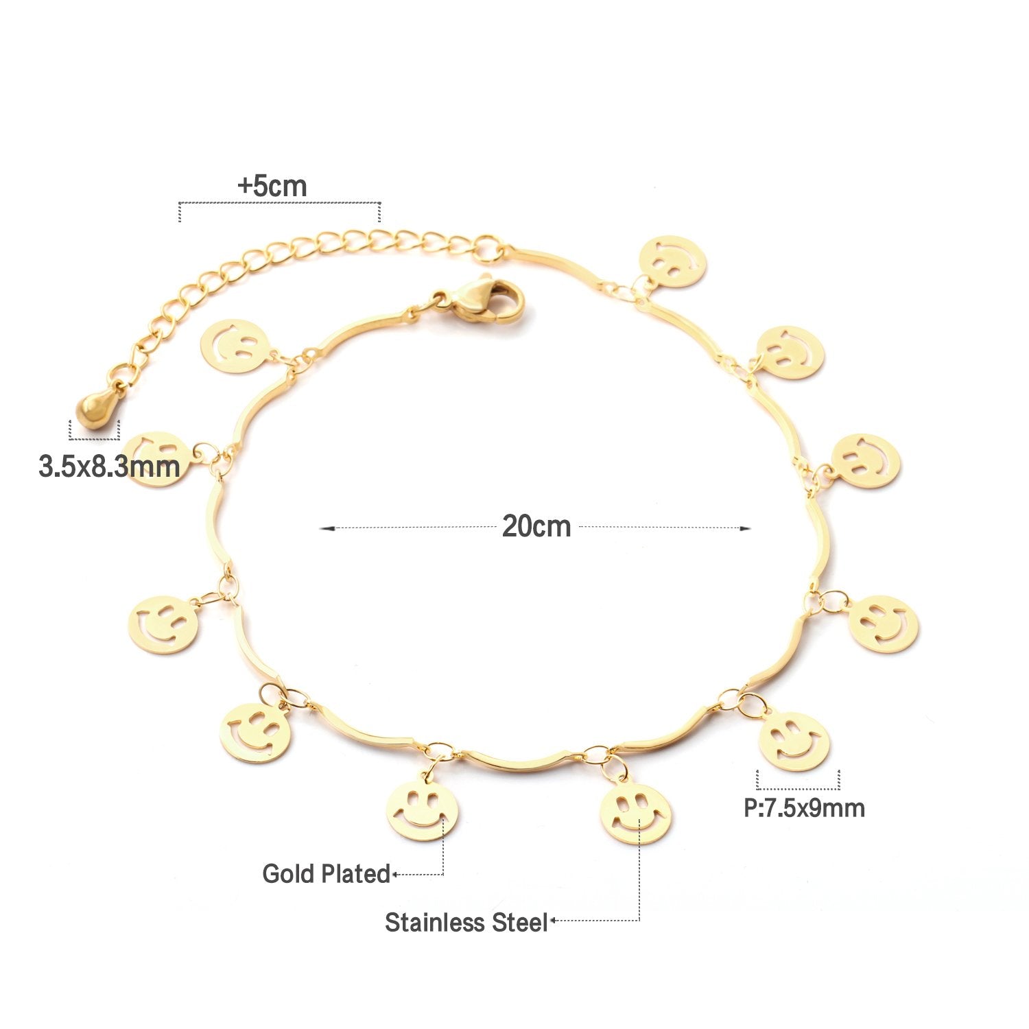 ASON Sweet Barefoot Smiley Face Anklet Chain Stainless Steel Gold Color for Women Gift Foot Chain Accessories Jewelry asonjewelry