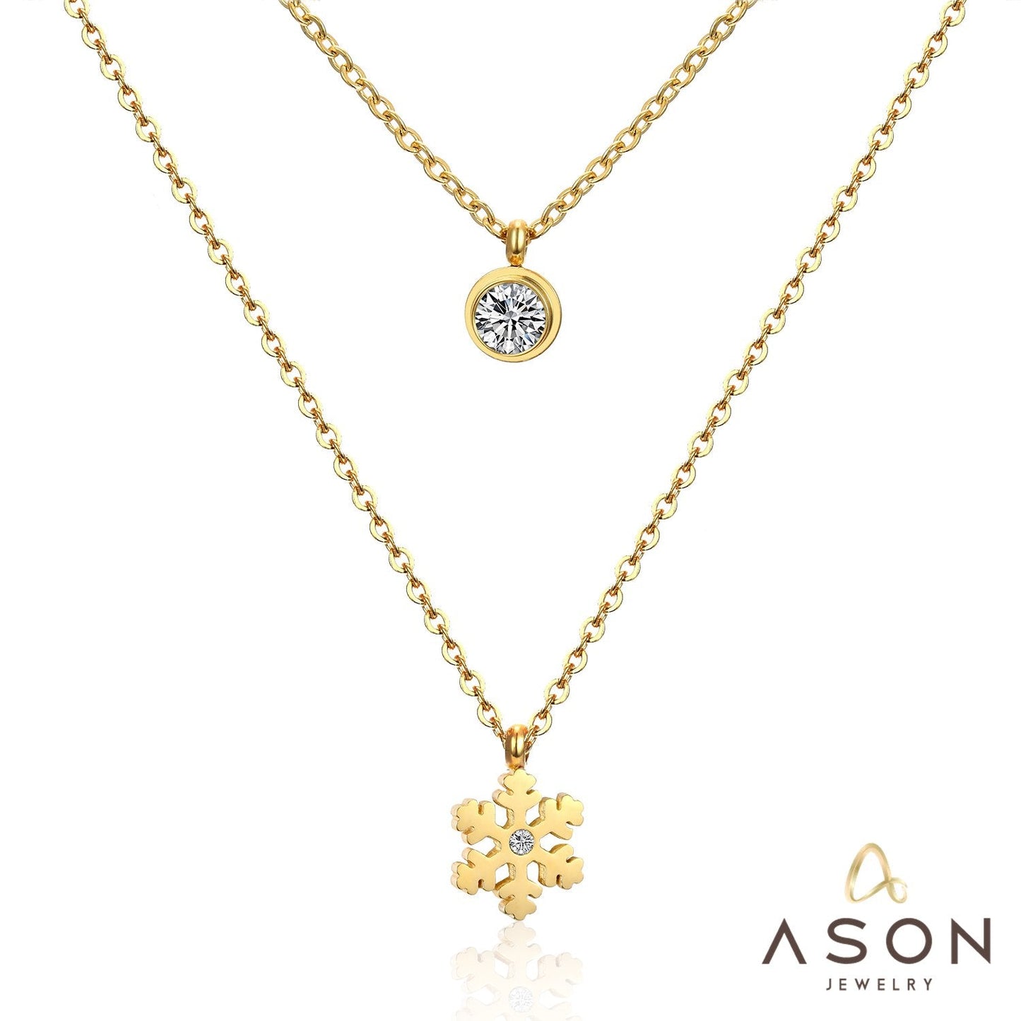 ASON Snowflake Round Cubic Zirconia Pandents Double Chains Necklaces Gold Color Stainless Steel For Women Chokers Christmas asonjewelry