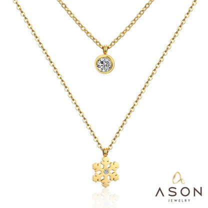 ASON Snowflake Round Cubic Zirconia Pandents Double Chains Necklaces Gold Color Stainless Steel For Women Chokers Christmas asonjewelry