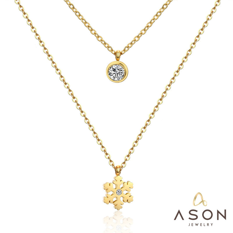 ASON Snowflake Round Cubic Zirconia Pandents Double Chains Necklaces Gold Color Stainless Steel For Women Chokers Christmas