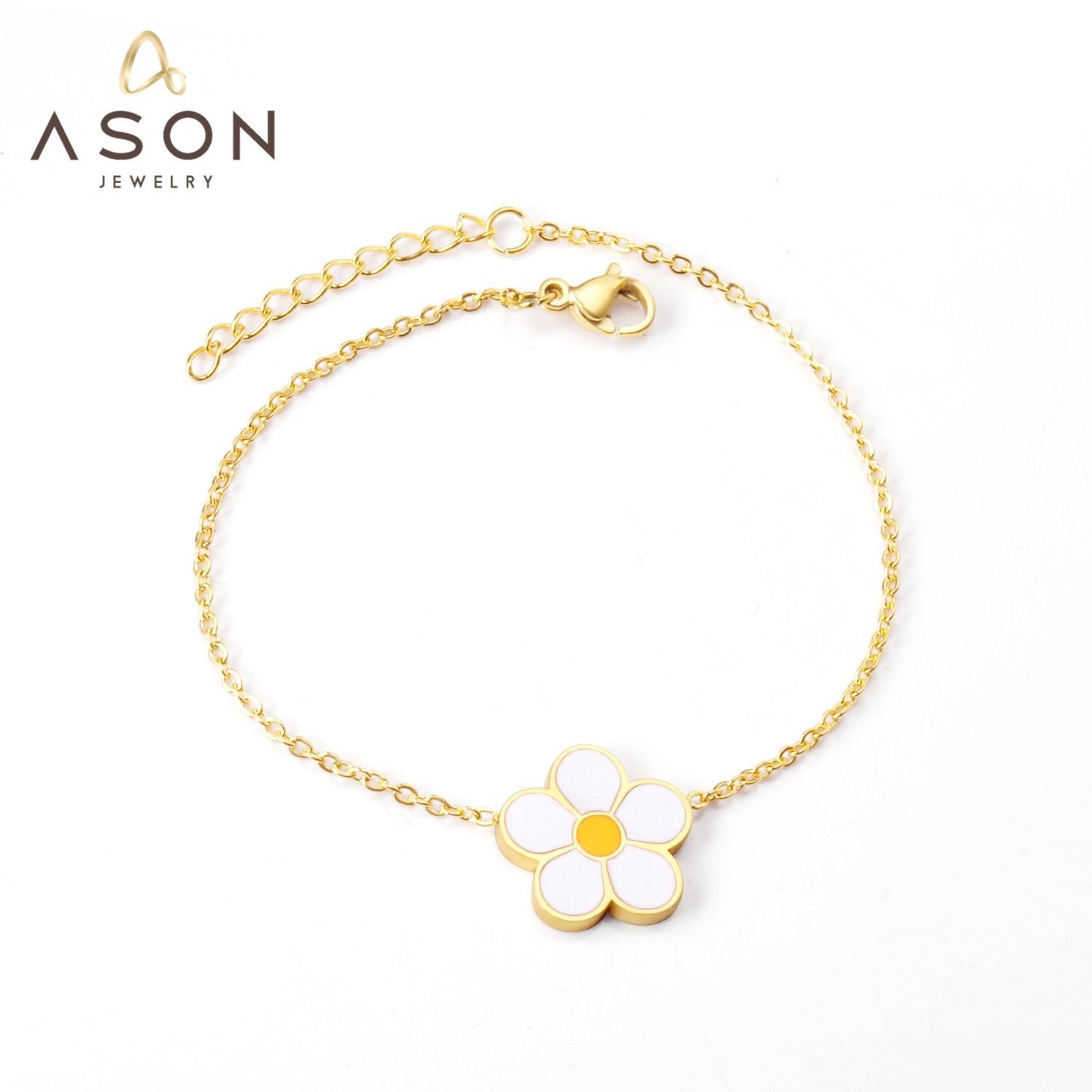 ASON Fashion Big White Flower Pendant Bracelet 316L Stainless Steel Bangle 18cm+3cm Length for Women Jewelry Accessories asonjewelry