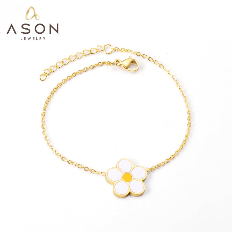 ASON Fashion Big White Flower Pendant Bracelet 316L Stainless Steel Bangle 18cm+3cm Length for Women Jewelry Accessories