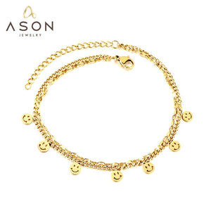 ASON Vintage rond sourire visage accessoires multicouche chaînes bracelets de cheville couleur or en acier inoxydable pour les femmes bijoux de mode