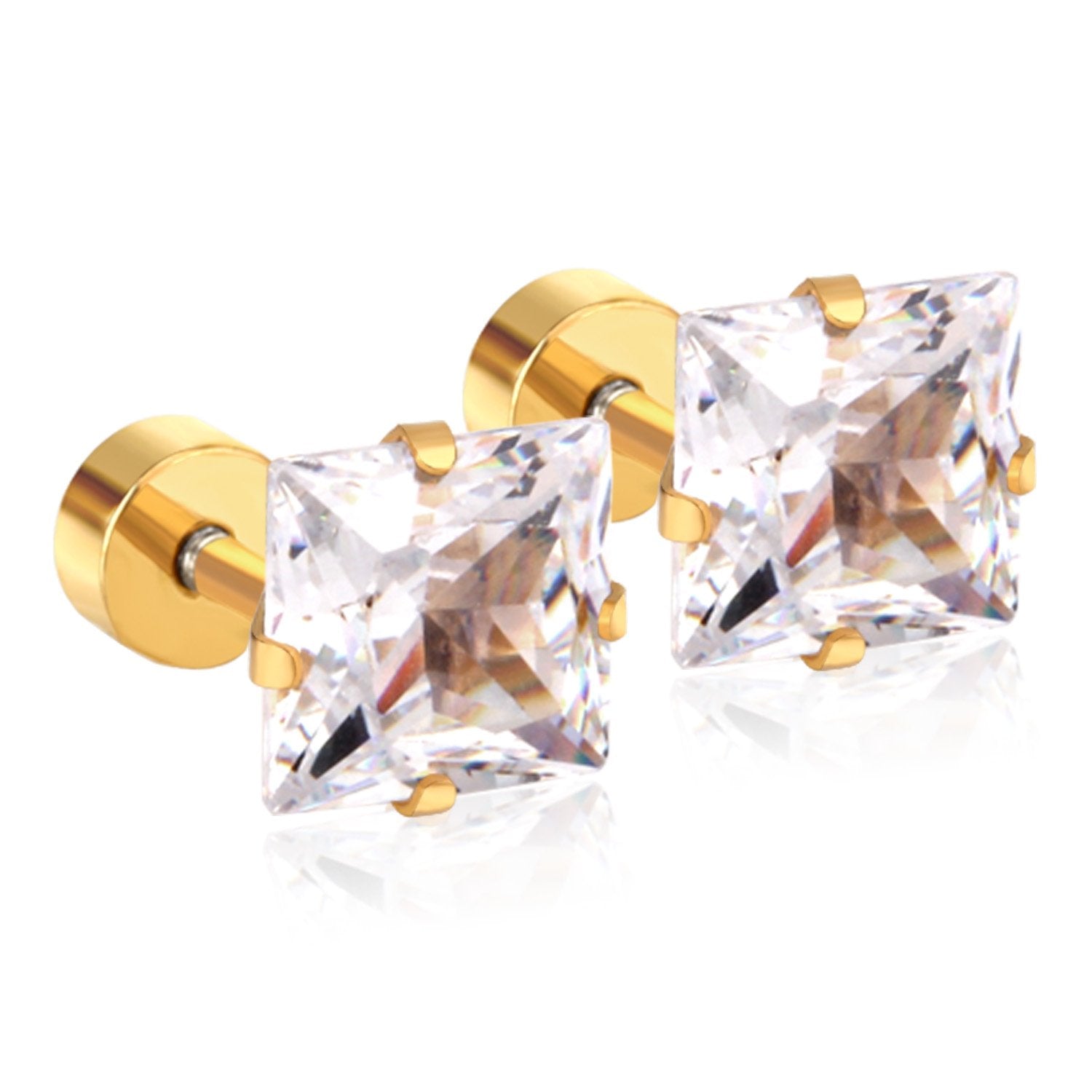 12 pair ASON 3-7mm Square Cubic Zirconia Screw Piercing Stud Earring Set Gold Color for Women Girl Men Ear Stainless Steel Jewelry asonjewelry