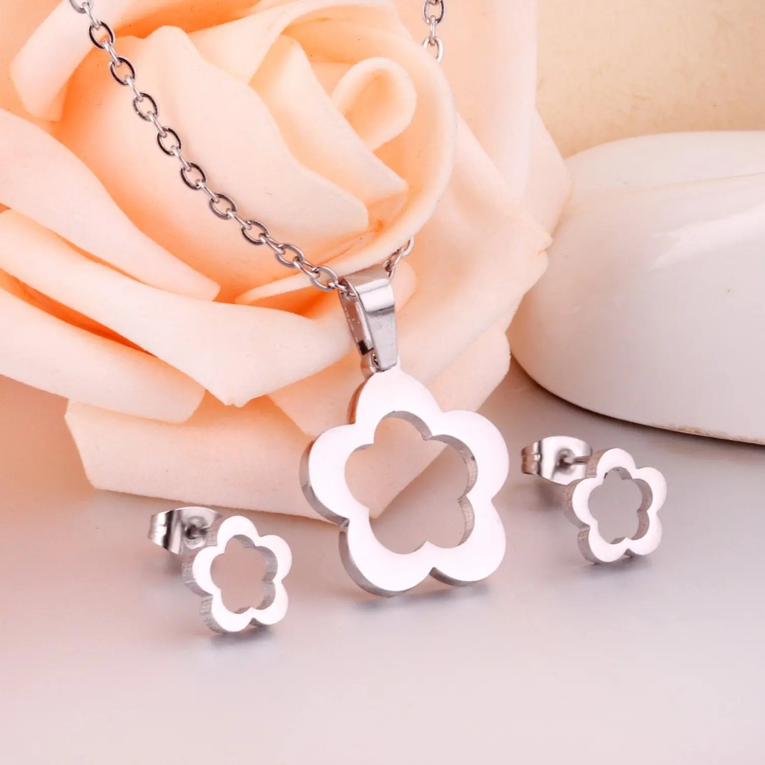 Flower Wedding Dubai African Jewelry Set Gold Pendant Necklace Earrings For Women Stainless Steel Jewelry Sets asonjewelry