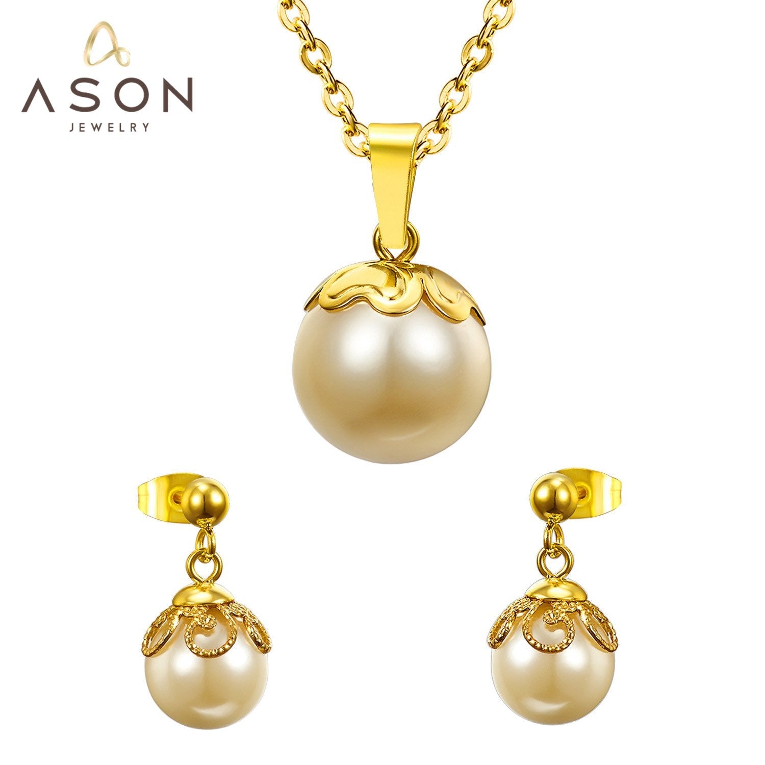 ASON Gold Color Bridal Wedding Jewelry Sets for Women 316L Stainless Steel Imitation Pearl Necklace Pendant Drop Earrings asonjewelry