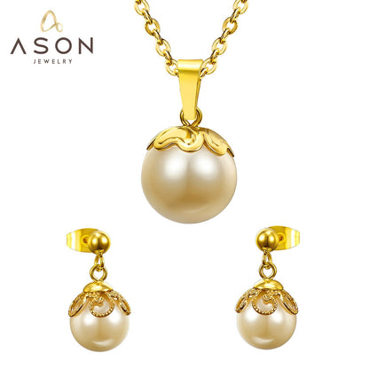 ASON Gold Color Bridal Wedding Jewelry Sets for Women 316L Stainless Steel Imitation Pearl Necklace Pendant Drop Earrings asonjewelry