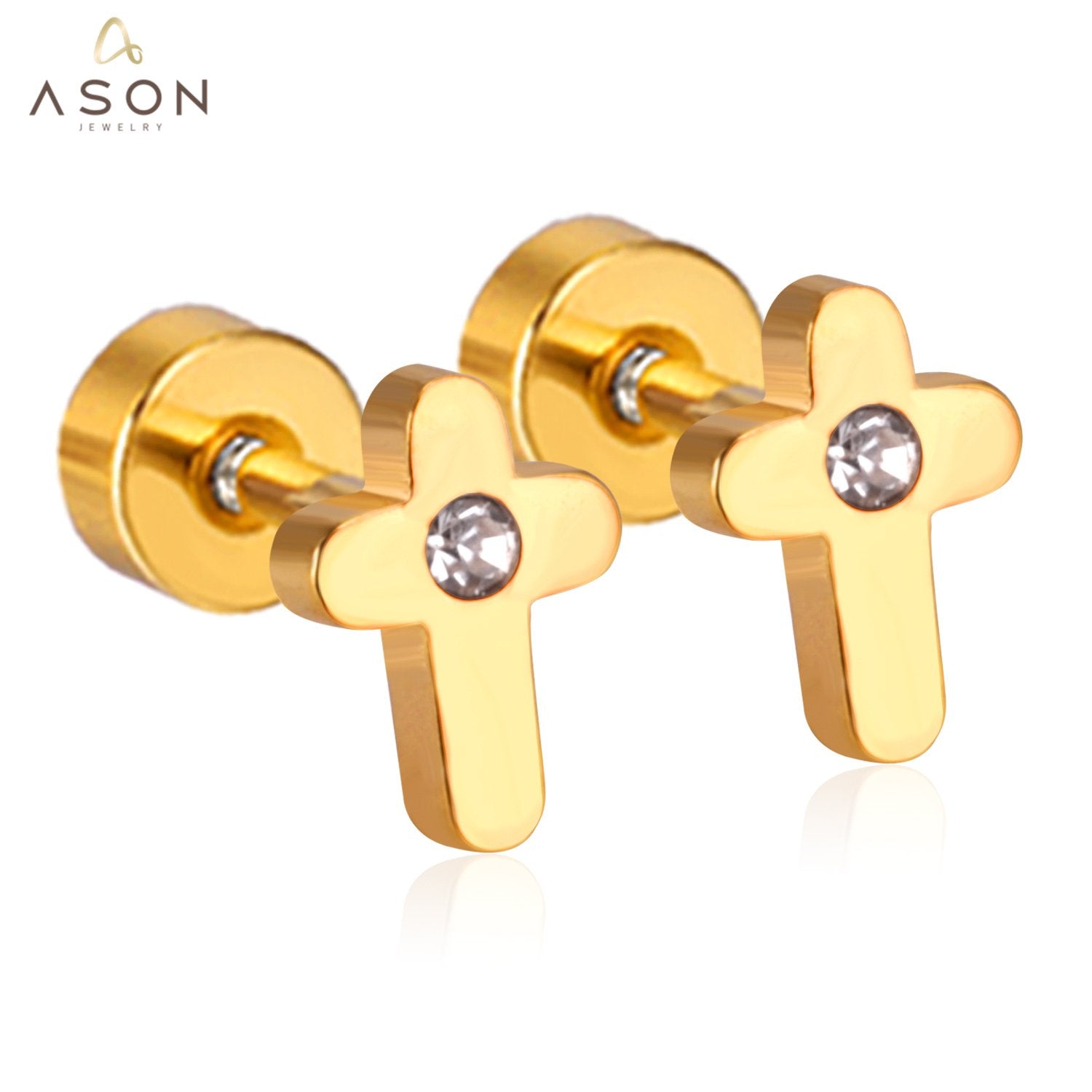 ASON Religious Cubic Zirconia Screw Stud Earrings Gold Color Stainless Steel For Women Men Jewelry Brinco Party Wholesale asonjewelry