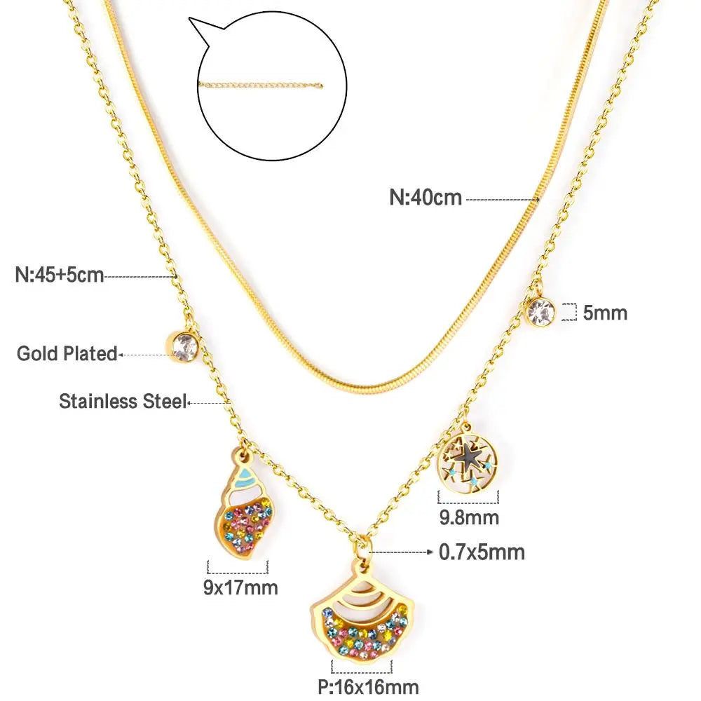 Popular Fan Shape Conch Double Chain Mix Cubic Zirconia Pendant Necklaces For Women Party Jewelry Parts choker asonjewelry