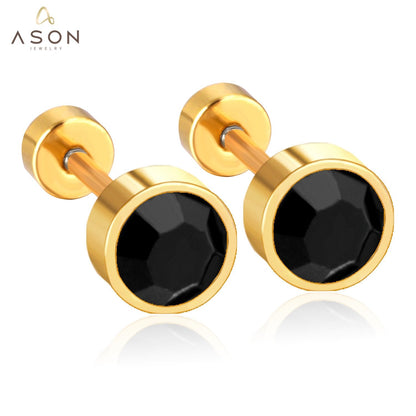 ASON 3-7mm Round Crystal Screw Piercing Stud Earrings Gold Color Black Stainless Steel Female Christmas Gift Party Jewelry asonjewelry