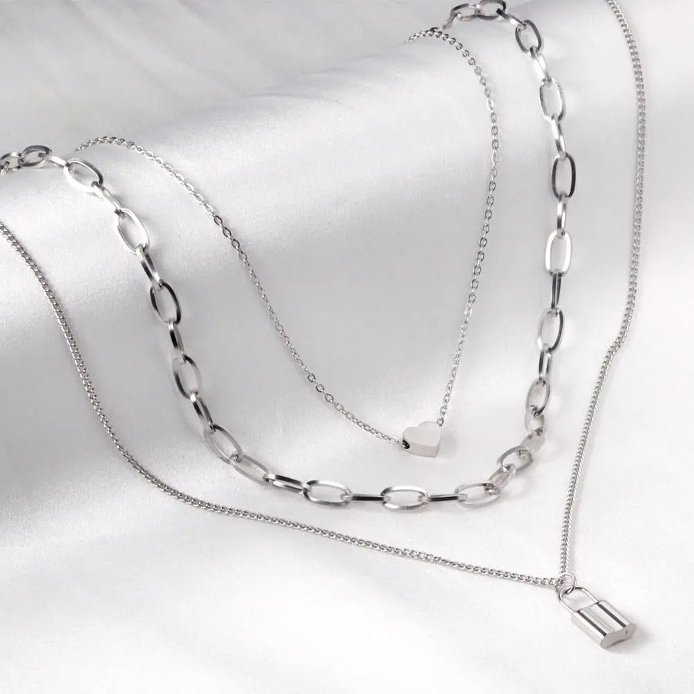 Thick Chain Necklace For Girls Cool Trendy Decor Steel Necklace For Women Cute Heart Lock Pendant Collier Aesthetic asonjewelry