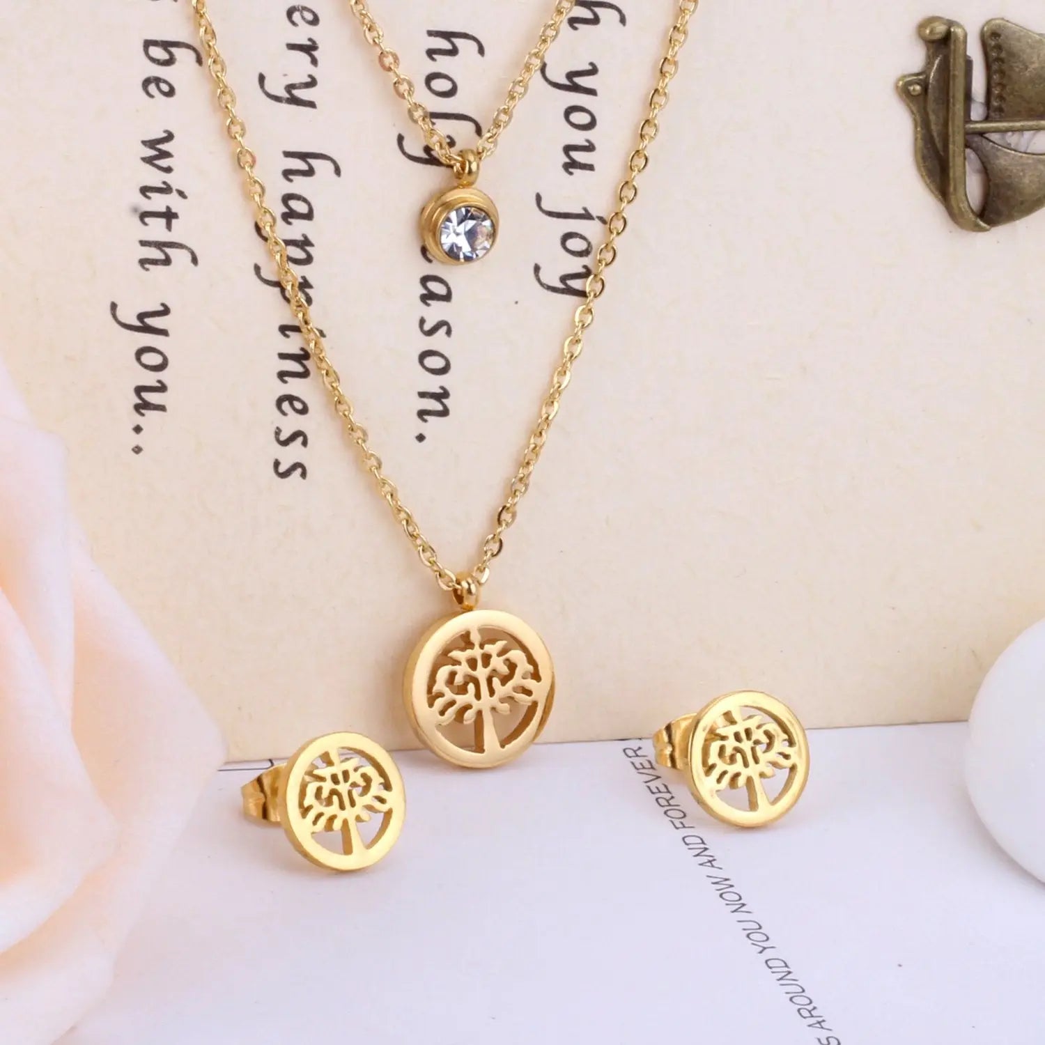 New Arrival Tree Round Crystal Pendant Double Dubai Wedding Necklace Earring Sets For Women Jewelry Wholesale asonjewelry