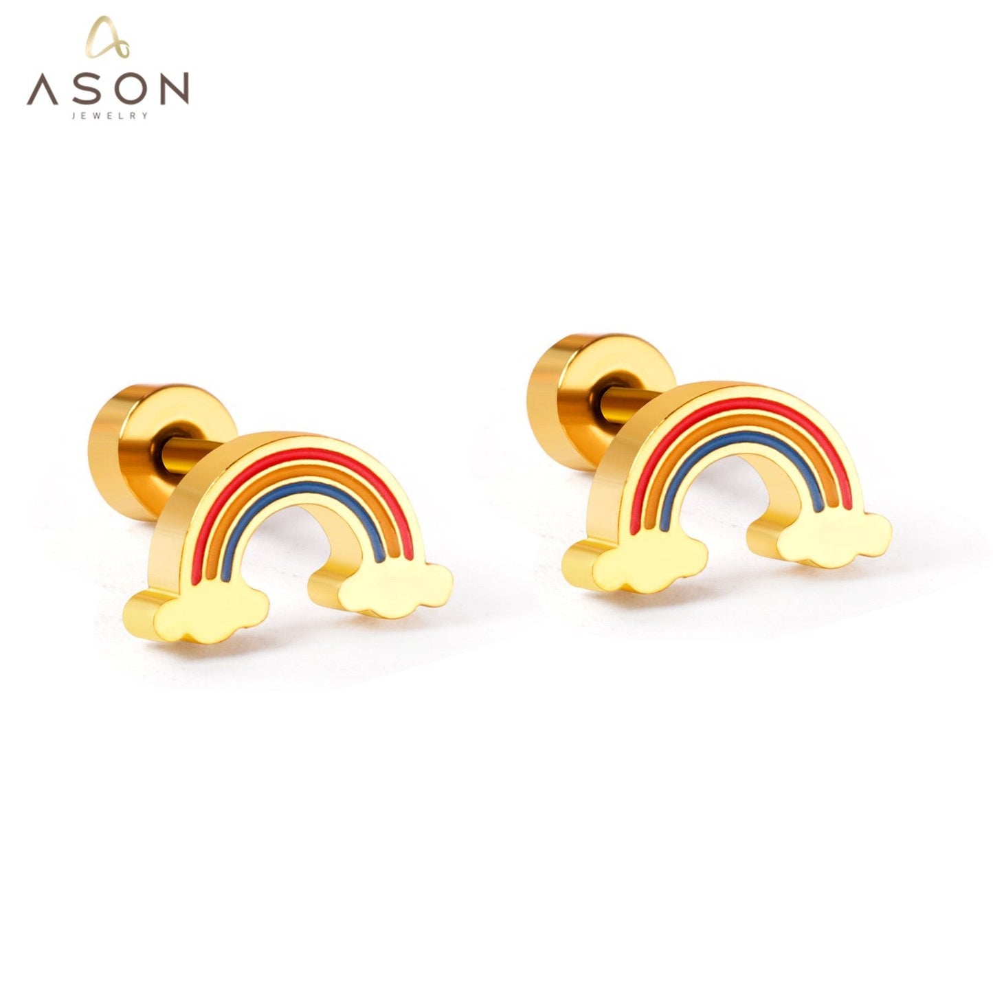 ASON Cute Children's Rainbow Small Piercing Stud Earrings Stainless Steel Gold Color for Girl Women Fashion Jewelry Gift asonjewelry