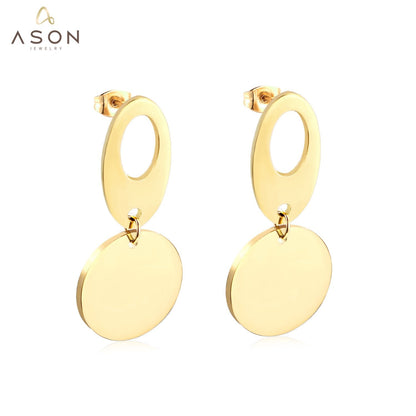 ASON Classic Gold Color Round Pendant Drop Earring Stainless Steel Dangle Earring for Women Gift Accessories Jewelry asonjewelry