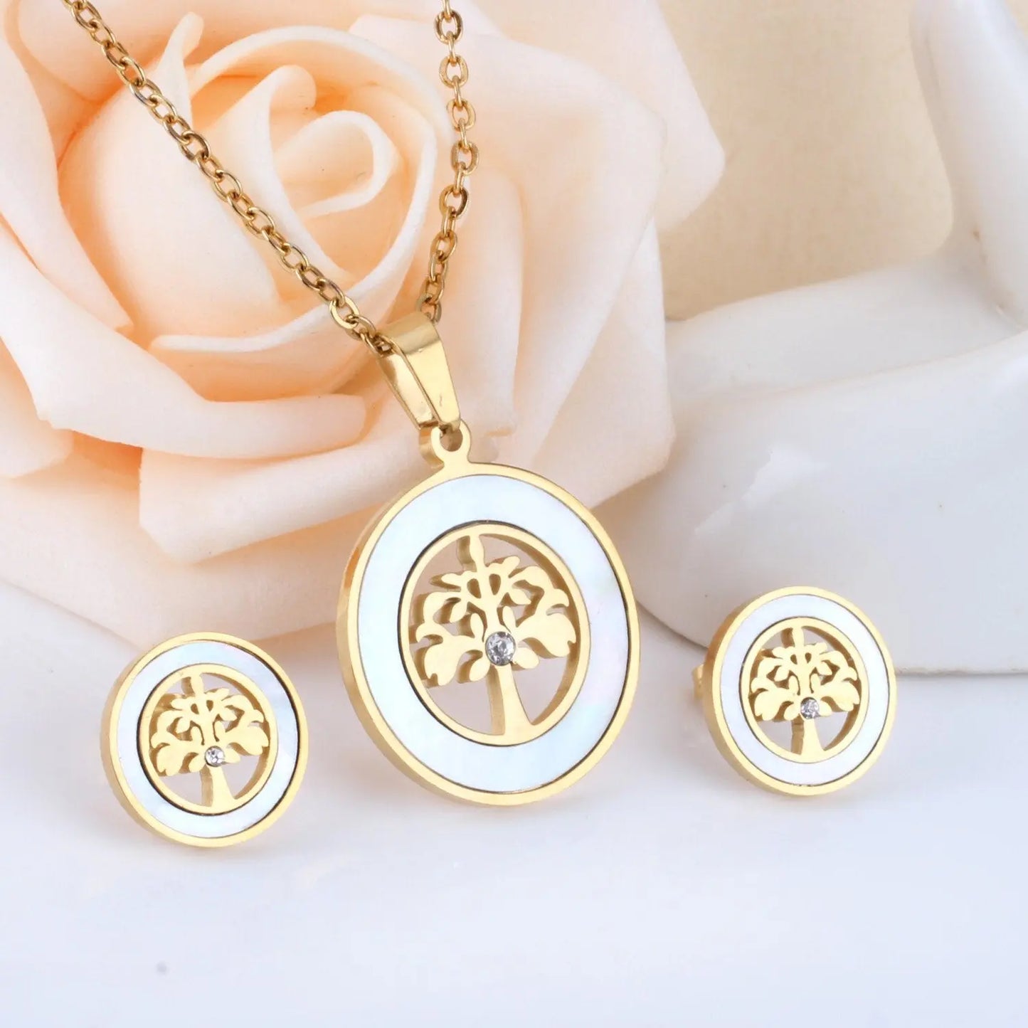 Gold Stainless steel Shell African Wedding Dubai Bridal Jewelry set Indian Tree Necklace Earrings Jewellery Set asonjewelry