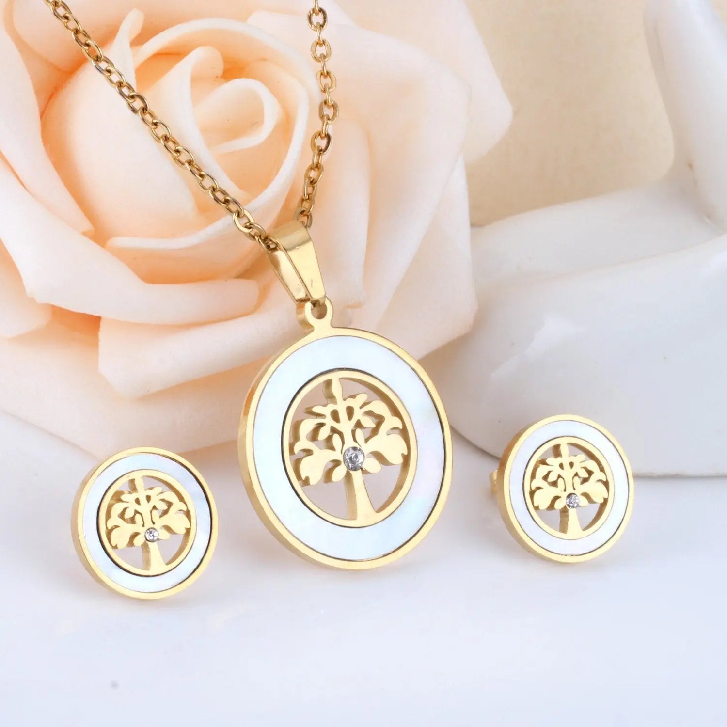 Gold Stainless steel Shell African Wedding Dubai Bridal Jewelry set Indian Tree Necklace Earrings Jewellery Set asonjewelry