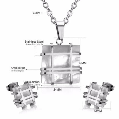 Jewelry Sets Stainless Steel Square Shape Pendant Necklace Earring For Women Chain Necklace Female Jewelry Collier asonjewelry