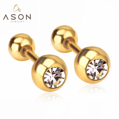 ASON Surgical Round Shape Cubic Zirconia Screw Stud Earrings Gold Color Stainless Steel for Kid/Women/Girl Jewelry Priecing asonjewelry