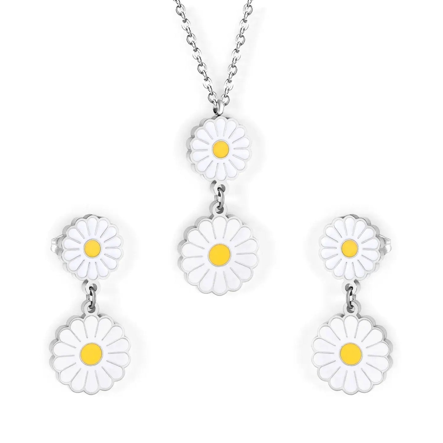 Romantic Stlye Cubic Zirconia Dripping Oil Flower Necklace Earrings Set Bijoux White Color For Women Pendants Collars asonjewelry