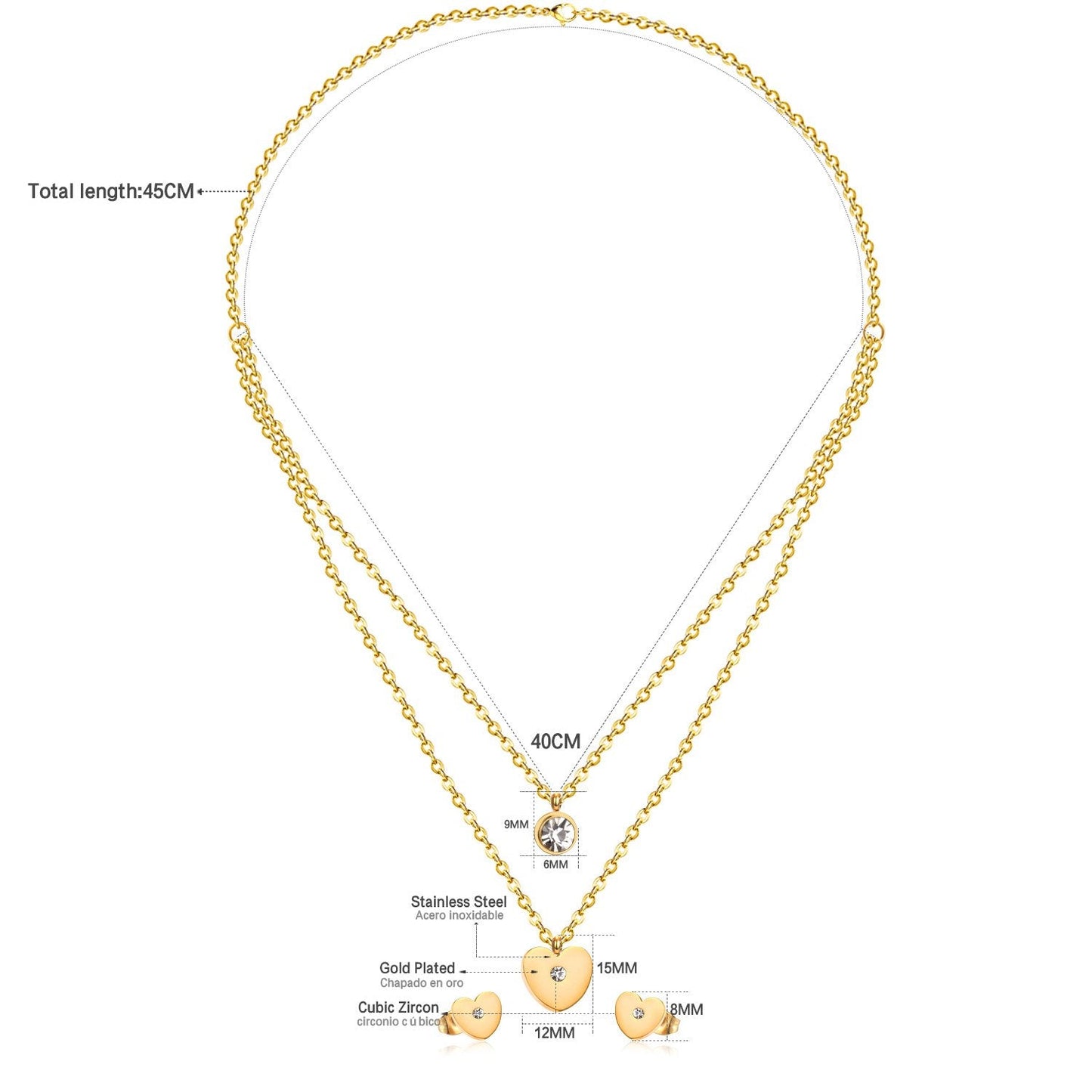 ASON 316L Stainless Steel Heart Love Gold Bridal Wedding Jewelry Set for Women Necklace Pendant Small Stud Earring asonjewelry