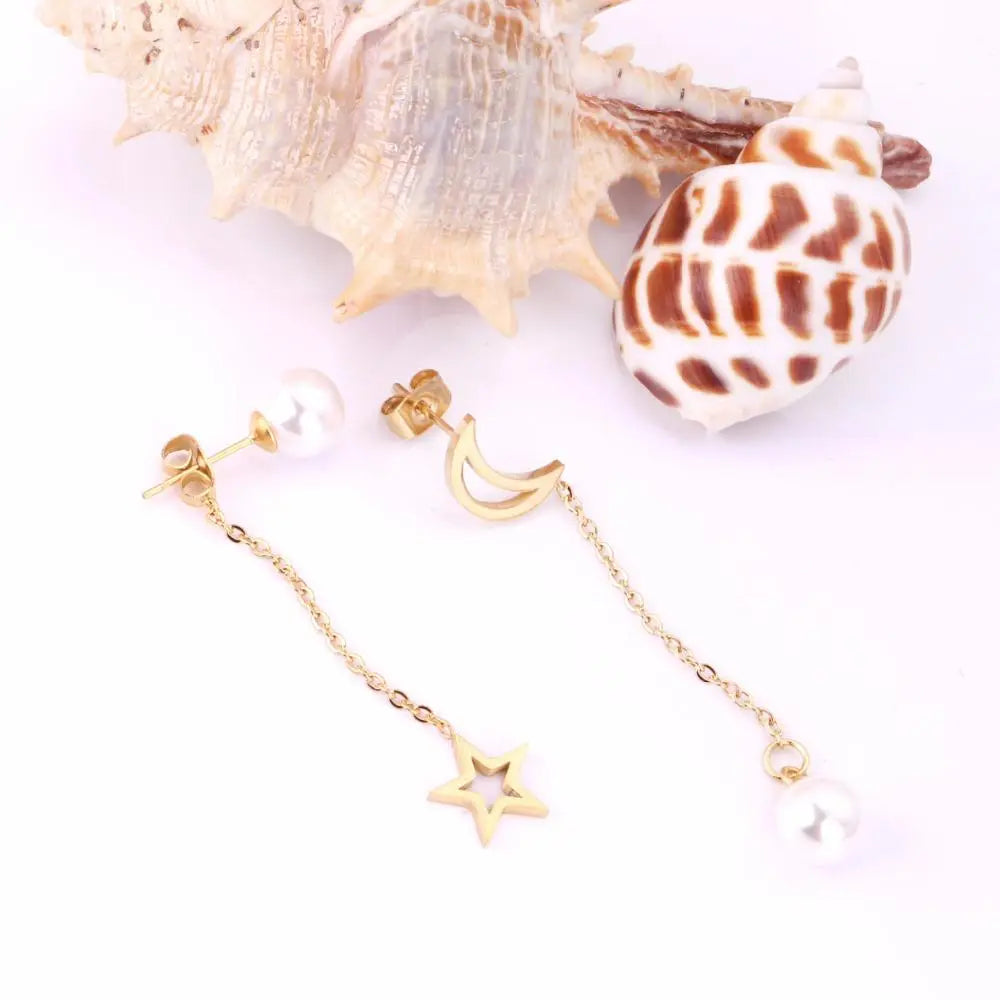 Fashion Women Drop Earrings Moon Star Shape Fake-Pearl For Women's Jewelry Stainless Steel Dangle Earings Brinco asonjewelry