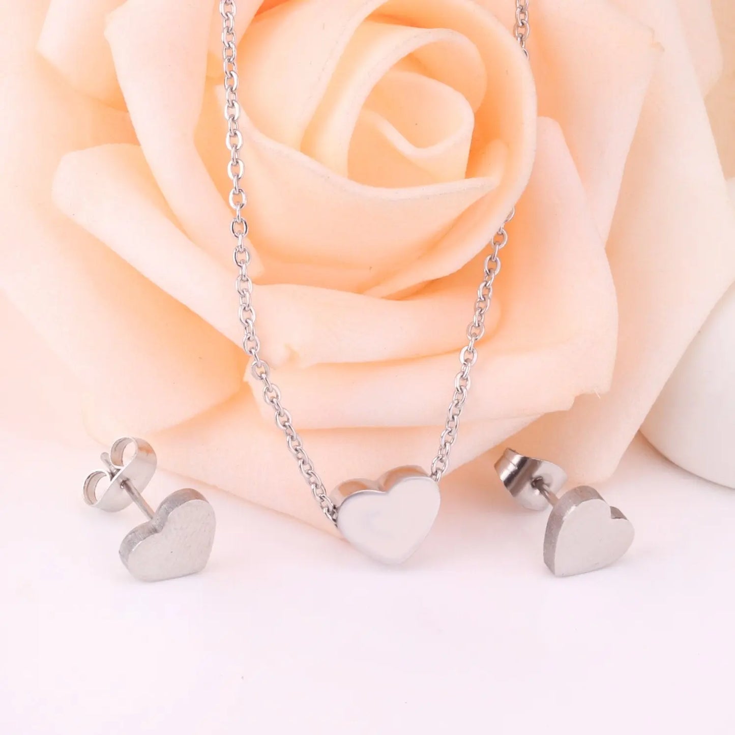 Heart Shape Silver Color Stainless Steel Small Necklaces Earrings Sets For Women Party Jewellry Set bijoux femme asonjewelry