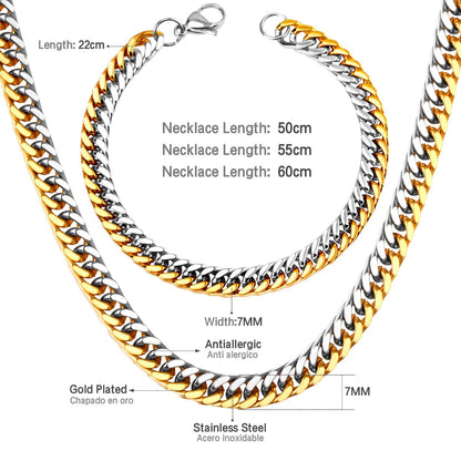 ASON 7mm Link Chians Jewelry Set Gold Color Stainless Steel Cuban Chain Necklace Bracelet Bangle Set For Women Men Fashion asonjewelry