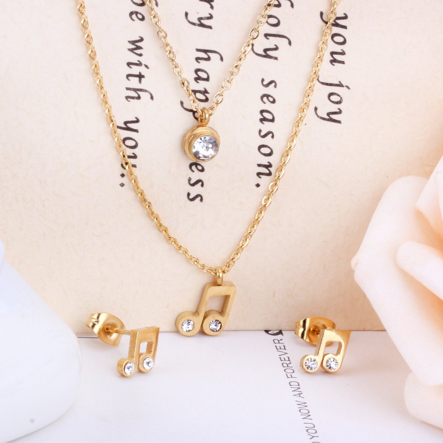 ASON Cubic Zirconia 316L Stainless Steel Gold Bridal Wedding Jewelry Set for Women Necklace Pendant Small Stud Earring asonjewelry