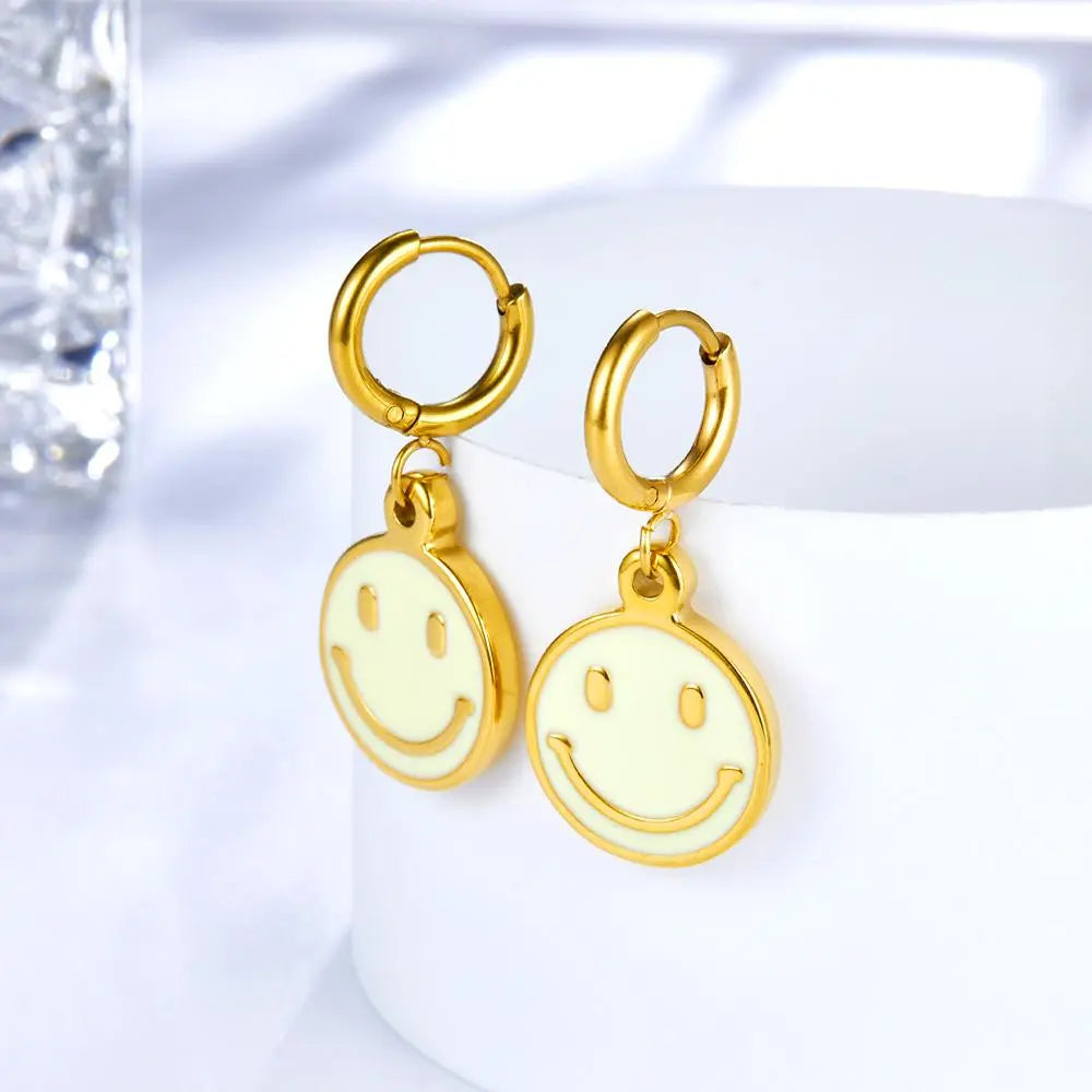 Round Smile Face Hoop Earrings For Women Girls Stainless Steel Dripping Oil Dangle Earrings Kpop Korean Jewelry asonjewelry
