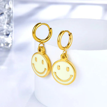 Round Smile Face Hoop Earrings For Women Girls Stainless Steel Dripping Oil Dangle Earrings Kpop Korean Jewelry asonjewelry