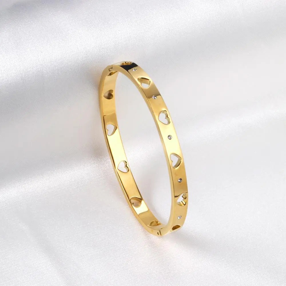 Gold Color Steel Hollow Out Heart Pattern Bangles For Women Friends Gifts Cubic Zirconia Bracelets On Hand Jewelry asonjewelry