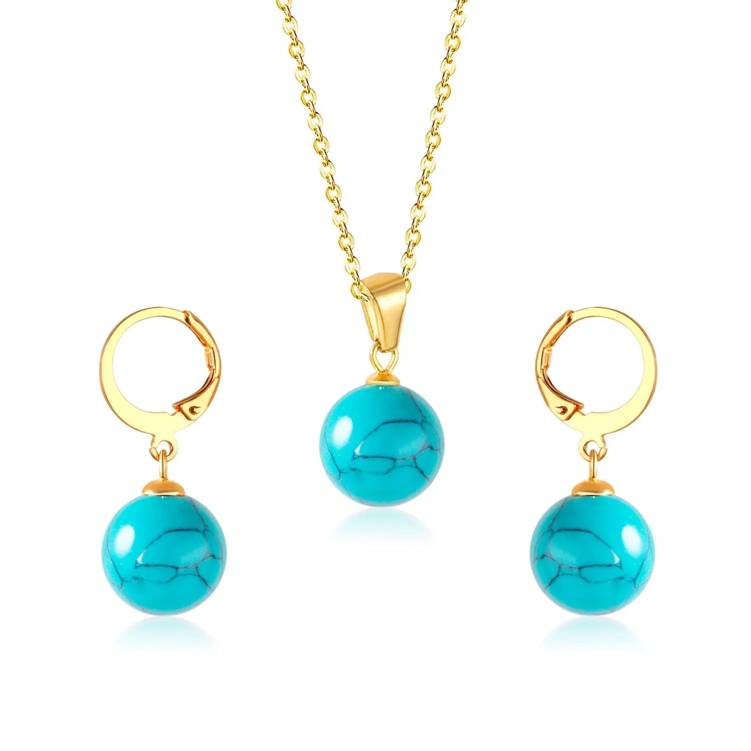 New Blue Opal Jewelry Sets Classic Style Round Shape Pendant Necklace Earrings Fashion Chains Accessoreies Collars asonjewelry
