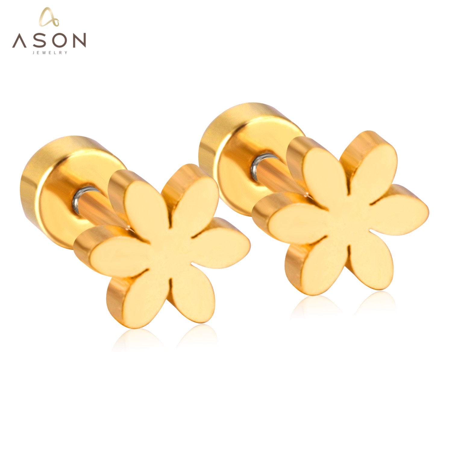 ASON Flower Screw Stud Earrings Newest Trendy Style Gold Color Stainless Steel Dangler for Women/Girl Accessories Mujer asonjewelry