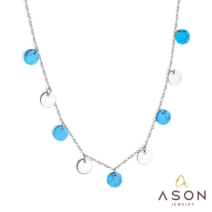 ASON 10mm Round Handmade Blue Stone Choker Collars Necklaces Stainless Steel Silver Color Chains Pendant Necklace Female asonjewelry
