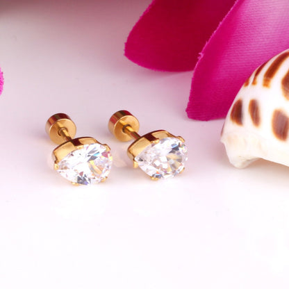 ASON 6mm Water Drop Cubic Zirconia Screw Piercing Stud Earring for Women Gold Color Stainless Steel Earring Fashion Jewelry asonjewelry