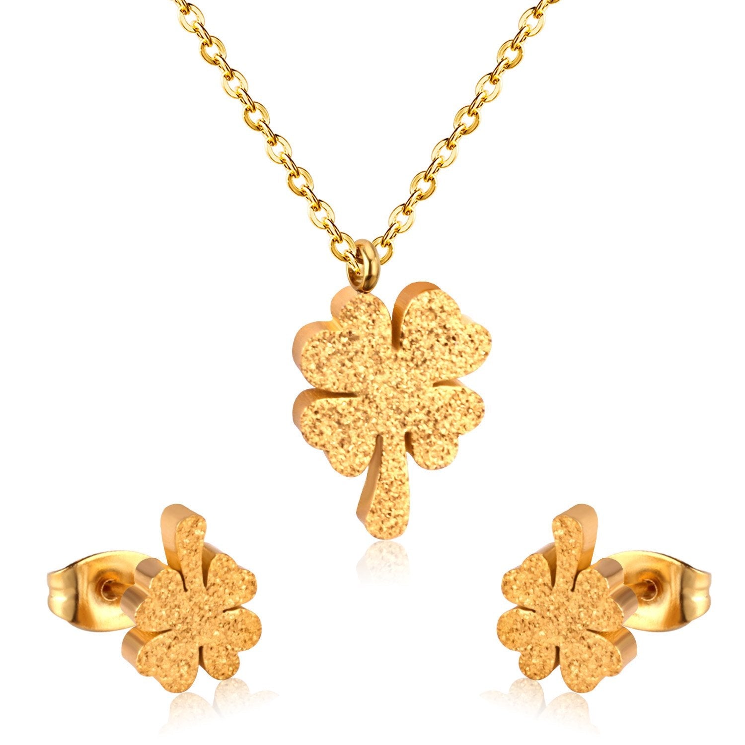 ASON Flower Cubic Zirconia Chain Pendant Necklace Piercing Stud Earrings Jewelry Sets Gold Color Stainless Steel For Women asonjewelry