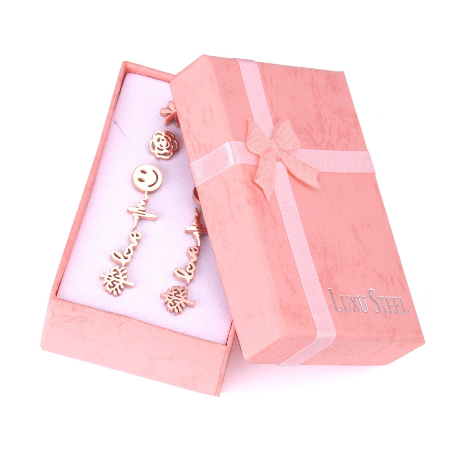 ASON Small Earrings Trendy Jewelry Rose Gold Color Flower Tree Smile Letter 6pairs/Box Stainless Steel Earrings Sets Party asonjewelry