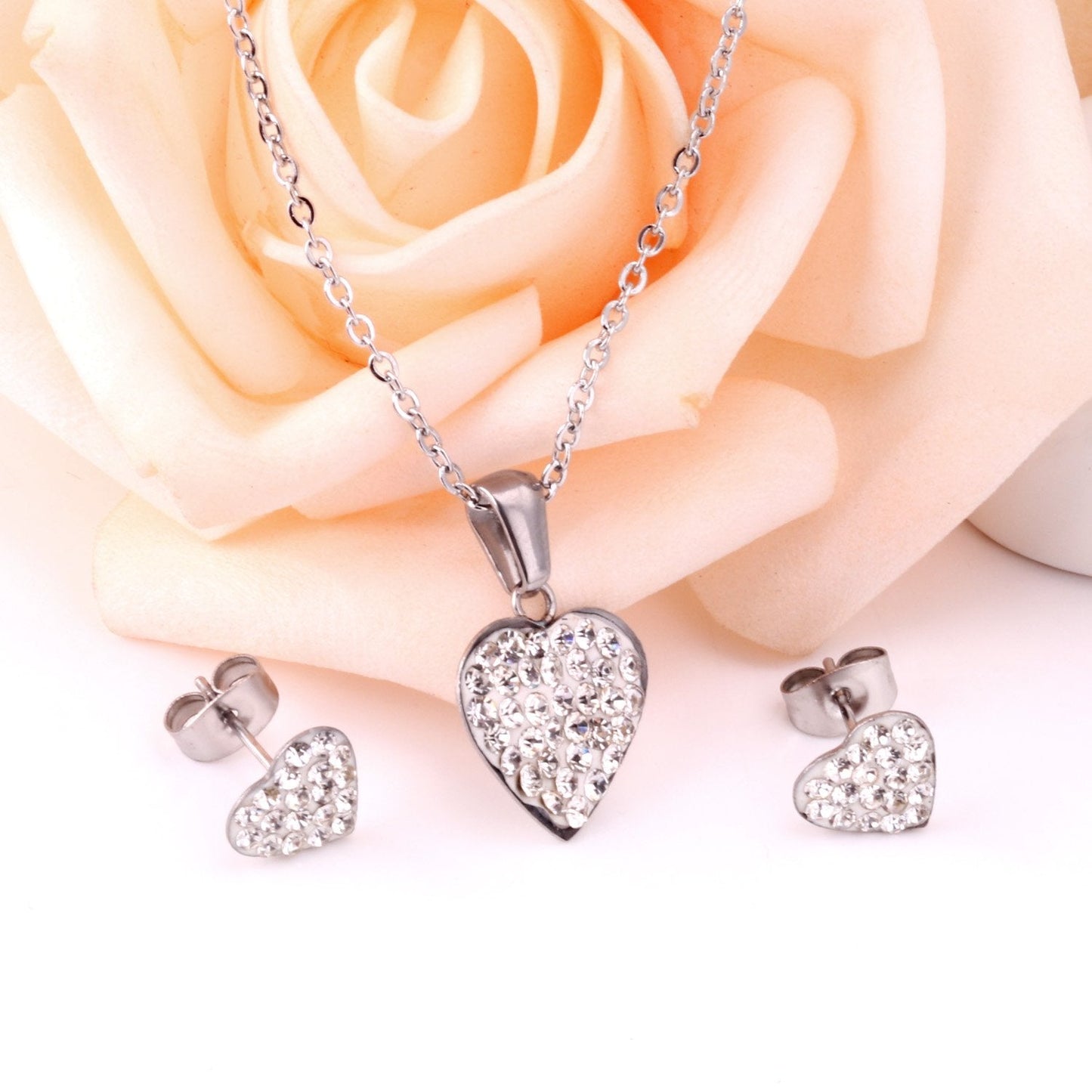 ASON Love's Heart Cubic Zirconia Pendant Necklace Earring Fashion Party Wedding Accessories Stainless Steel Necklaces asonjewelry