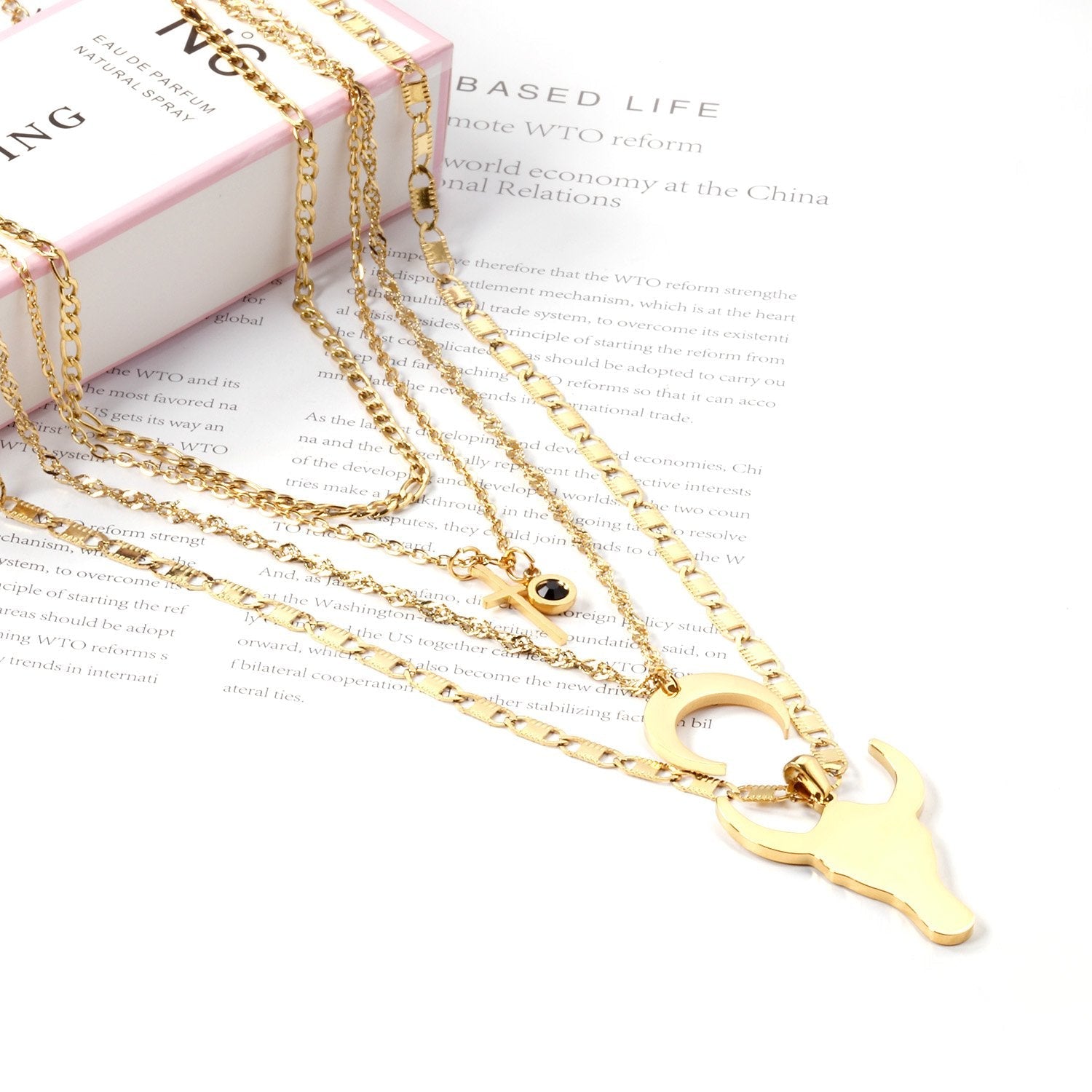 ASON Stainless Steel Gold Color Cross Moon Bull Head Pendant Multi Layer Necklace for Women Fashion Choker Jewelry asonjewelry