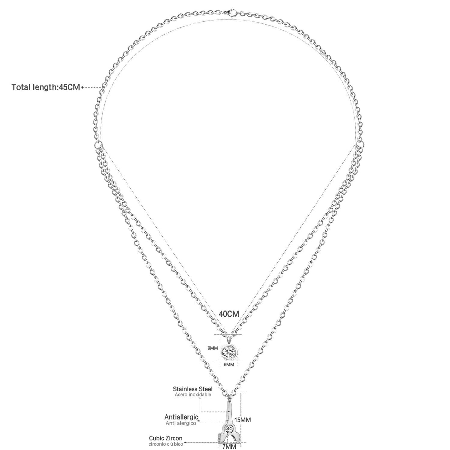 ASON Classic Jewelry Stainless Steel Eiffel Town Pendant Necklace with Round Cubic Zirconia for Women Double Link Chain asonjewelry