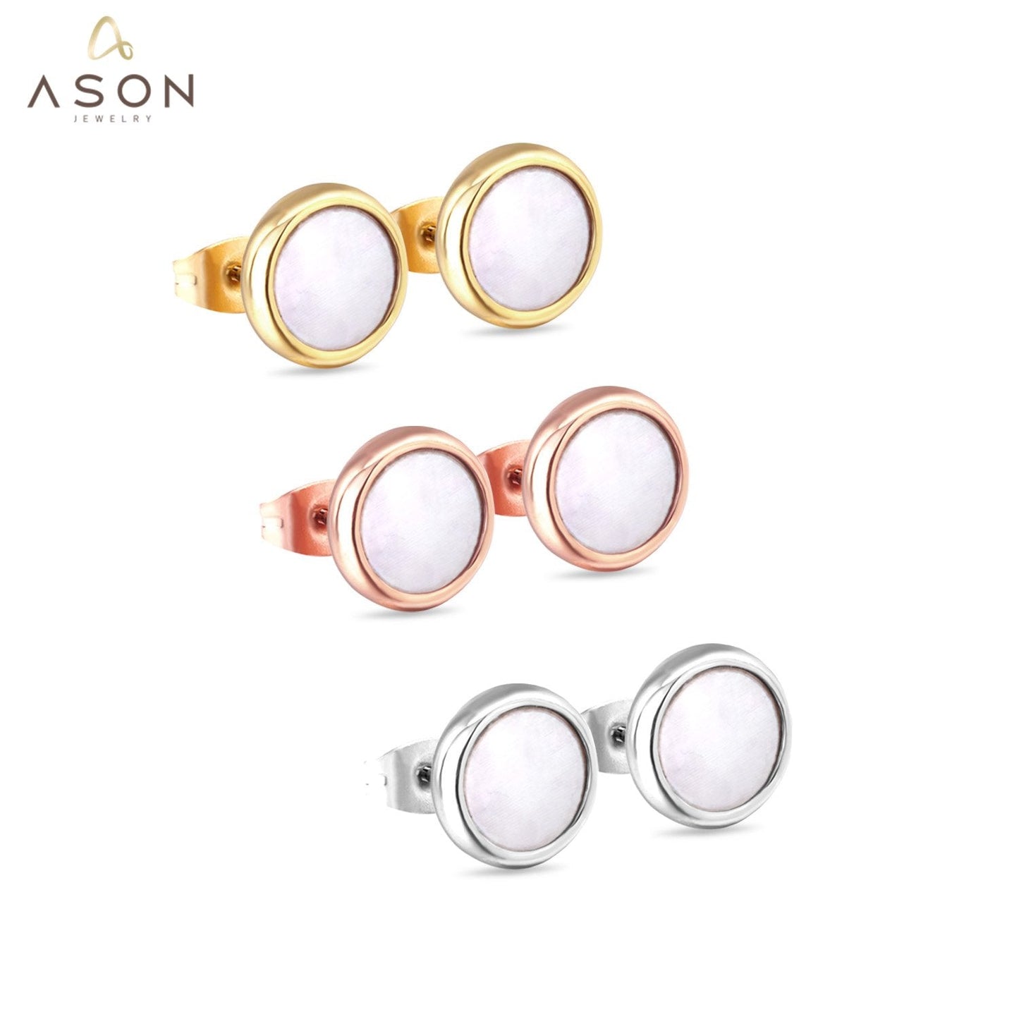 ASON Stylish White/Black Shell Stud Earrings 3Pairs/lot 8mm Round Earring Stainless Steel Jewelry for Women Party Gift asonjewelry