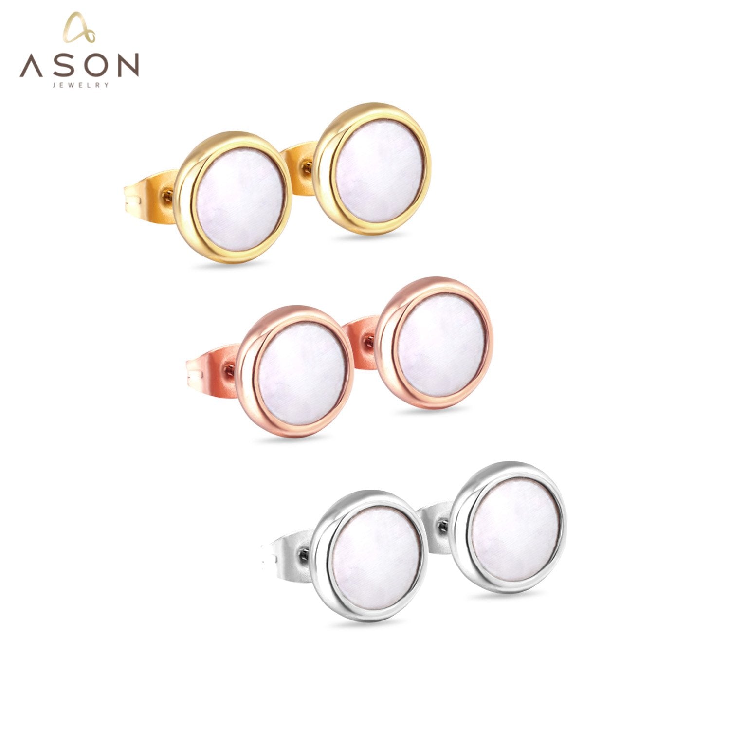 ASON Stylish White/Black Shell Stud Earrings 3Pairs/lot 8mm Round Earring Stainless Steel Jewelry for Women Party Gift asonjewelry